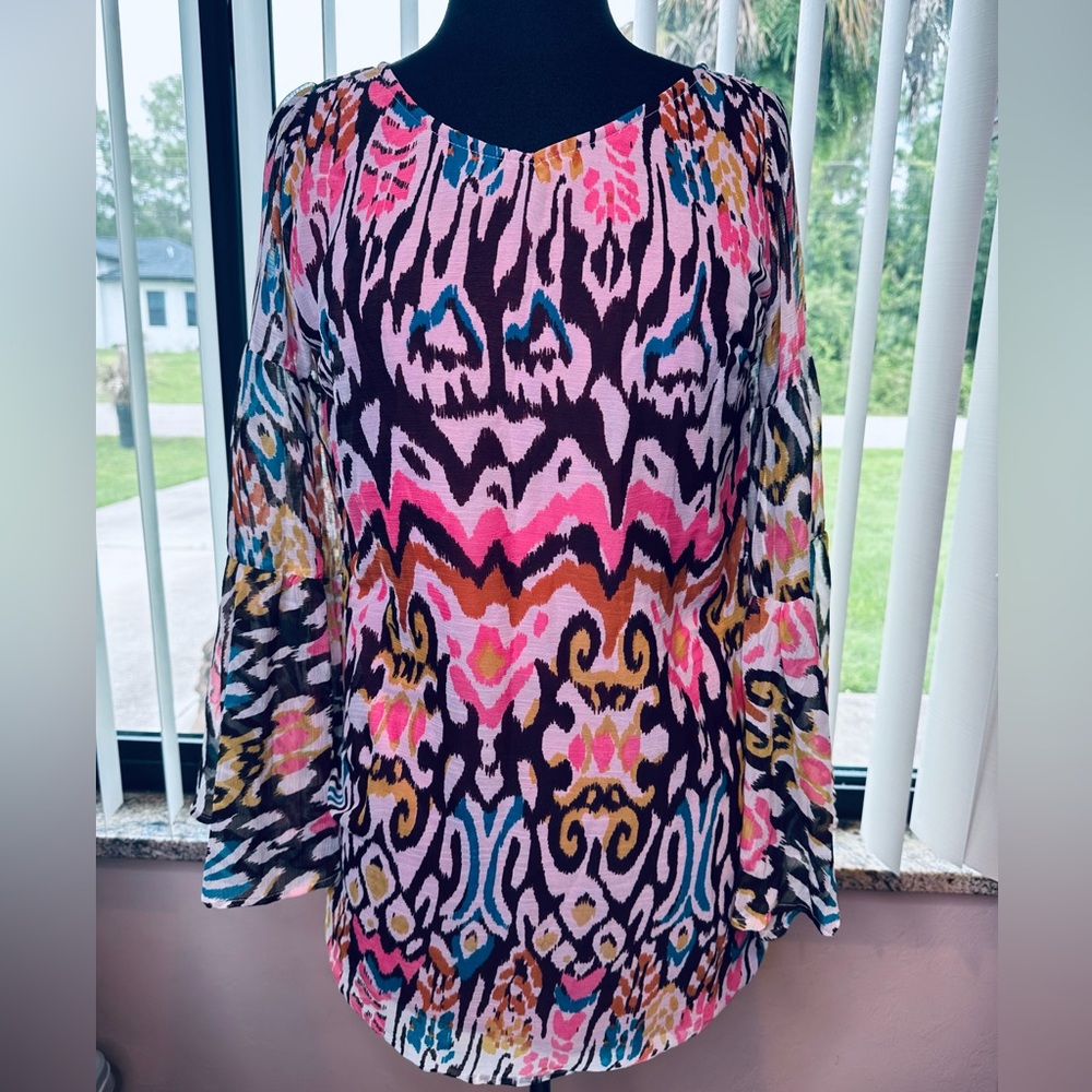 Rancho Estancia Multicolor Patterned Women's Bell Sleeve Tunic Top Size Medium